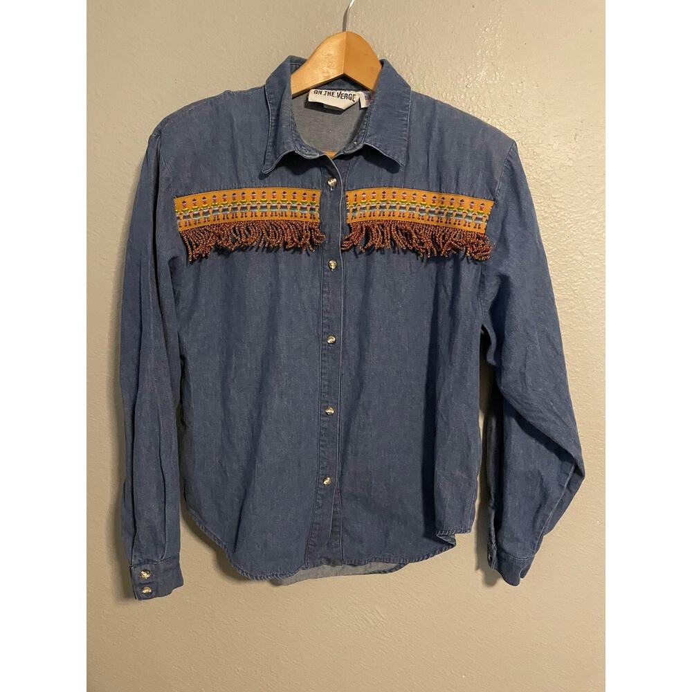 VTG On The Verge Button Up Shirt Womens Medium Denim Fringe Western Boho 90s